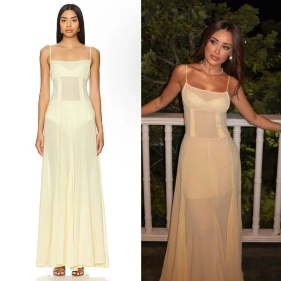 NWT Camila Coelho Maxi Dress Butter Yellow Sheer Dia Slip Wedding Guest size S - Picture 2 of 10